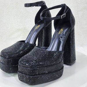 New Rhinestone ROCK IT Jewel Jet Black Chunky Heel Dual Platform Sandals